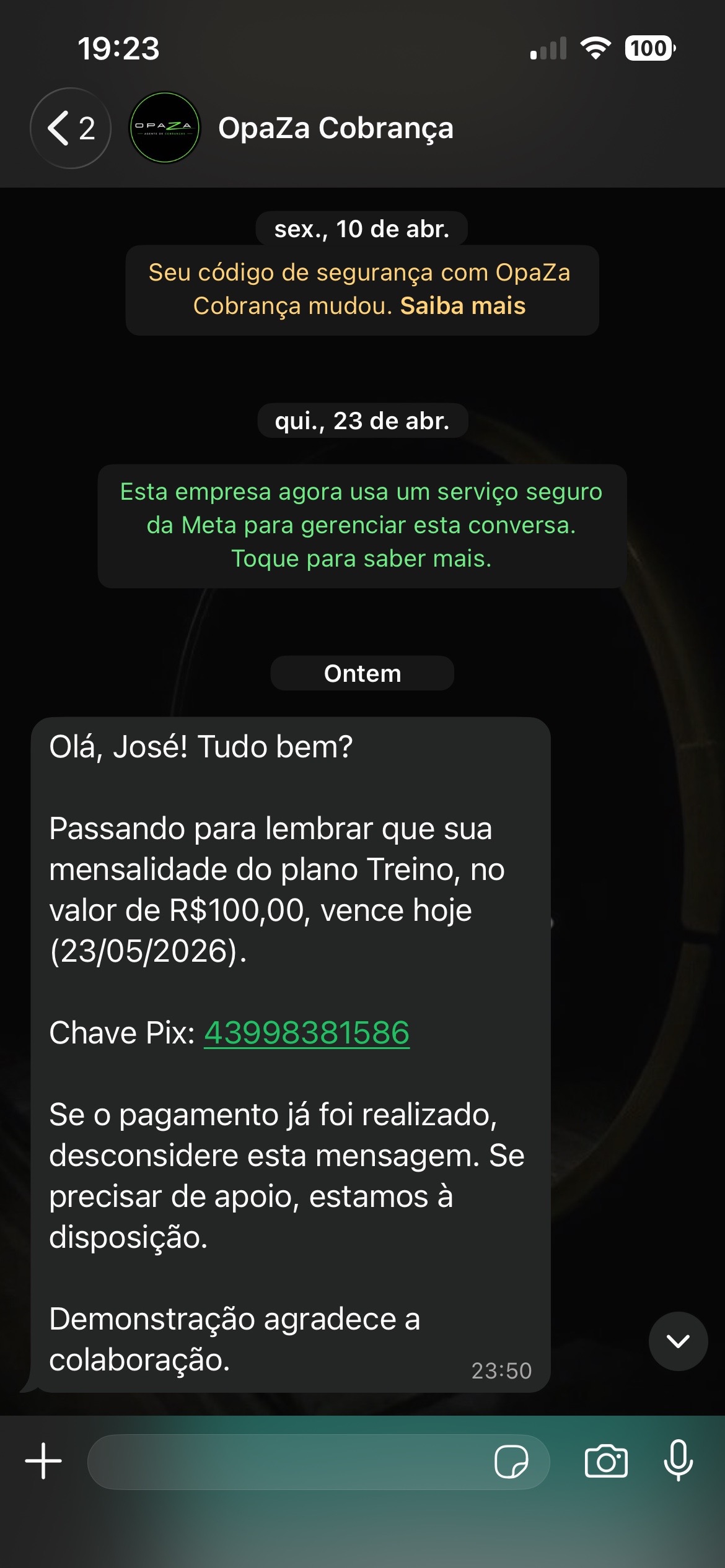 Cobrança enviada pelo Opaza via WhatsApp