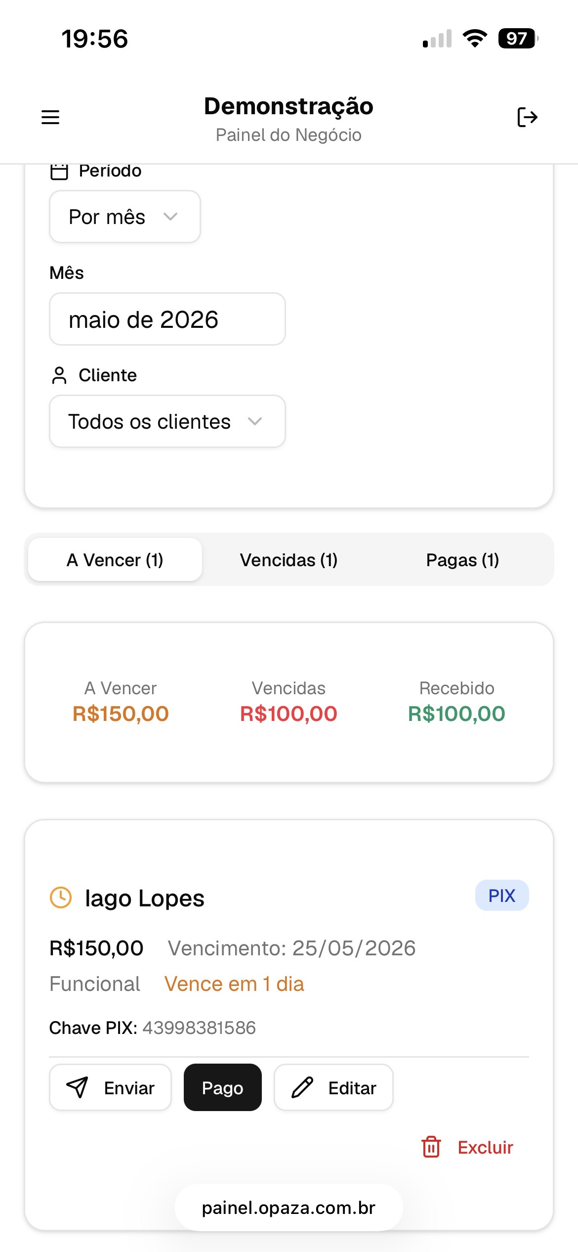 Painel do Opaza mostrando cobranças a vencer, vencidas e pagas