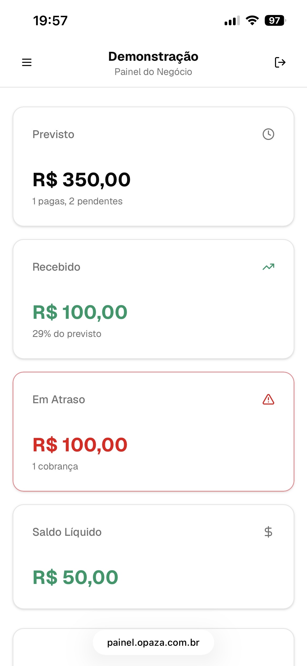 Resumo financeiro do Opaza mostrando previsto, recebido, em atraso e saldo líquido