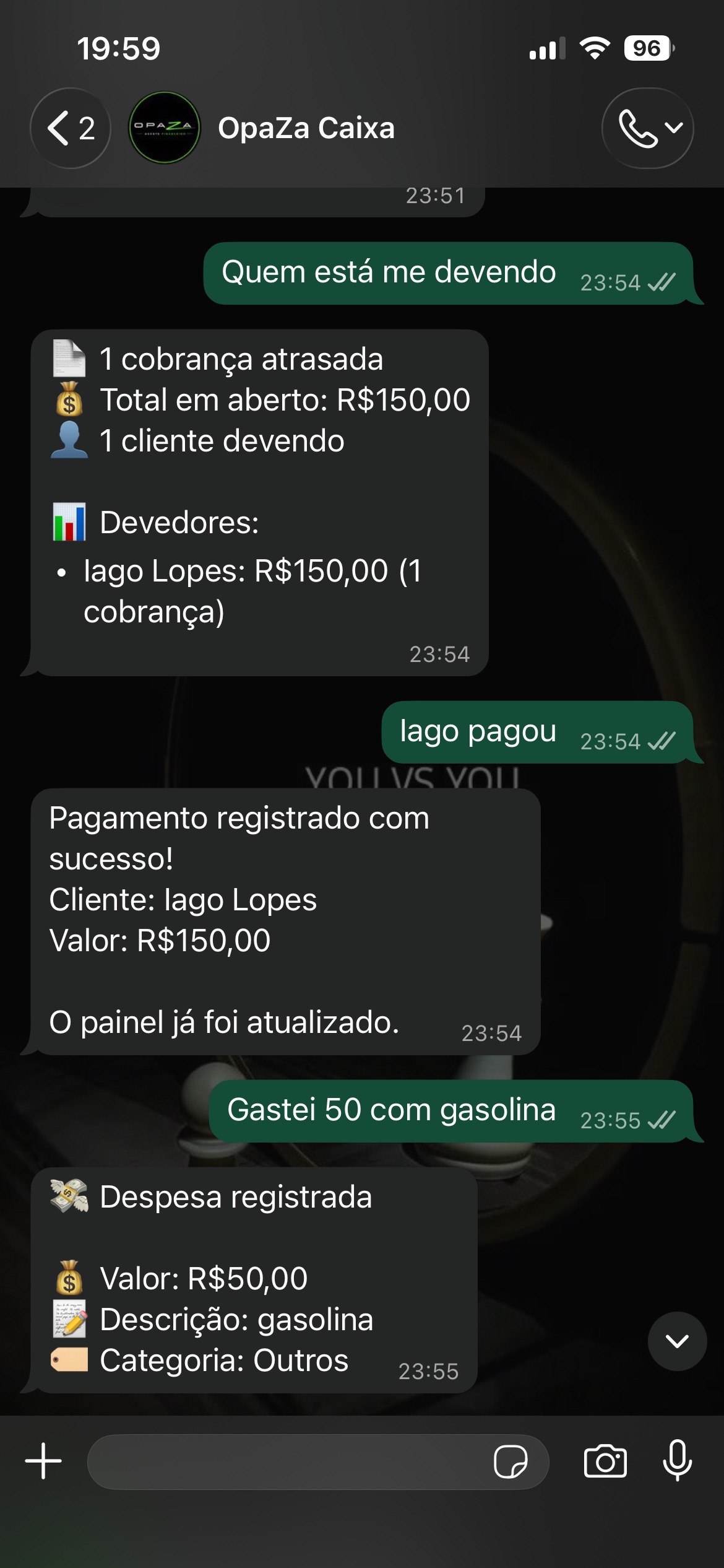 Agente do Opaza registrando pagamentos e despesas pelo WhatsApp